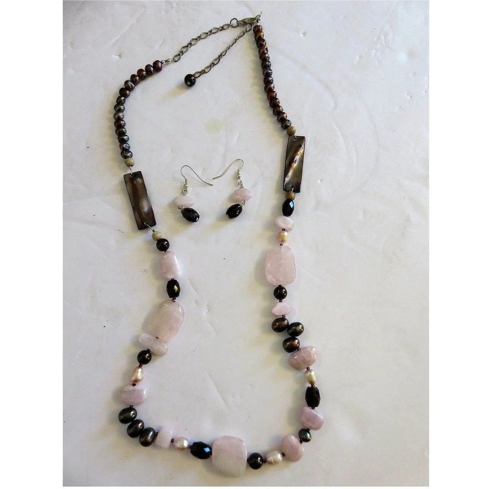 Rose Quartz & Freshwater Pearl Beaded Necklace and Earring Set Pink Brown Silver